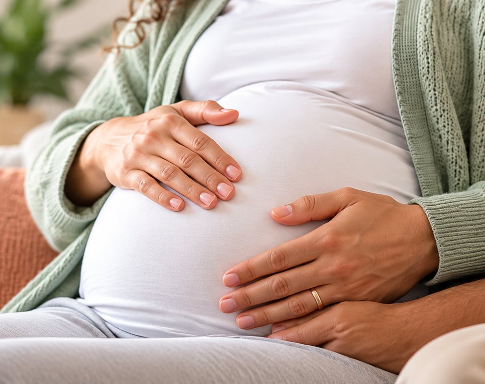 An expectant mother resting both hands on her belly while sitting on a sofa.
