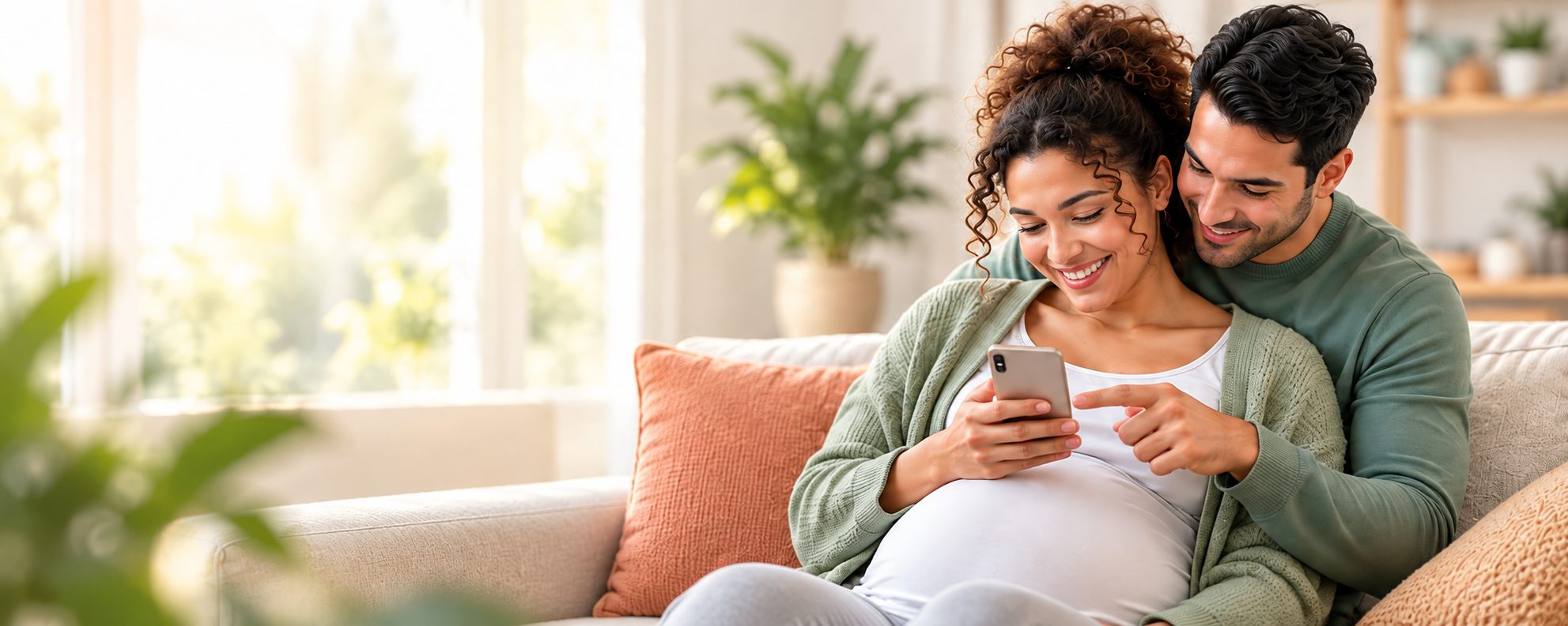 A smiling expectant mother and her partner looking at a phone together on a sofa in a bright living room.